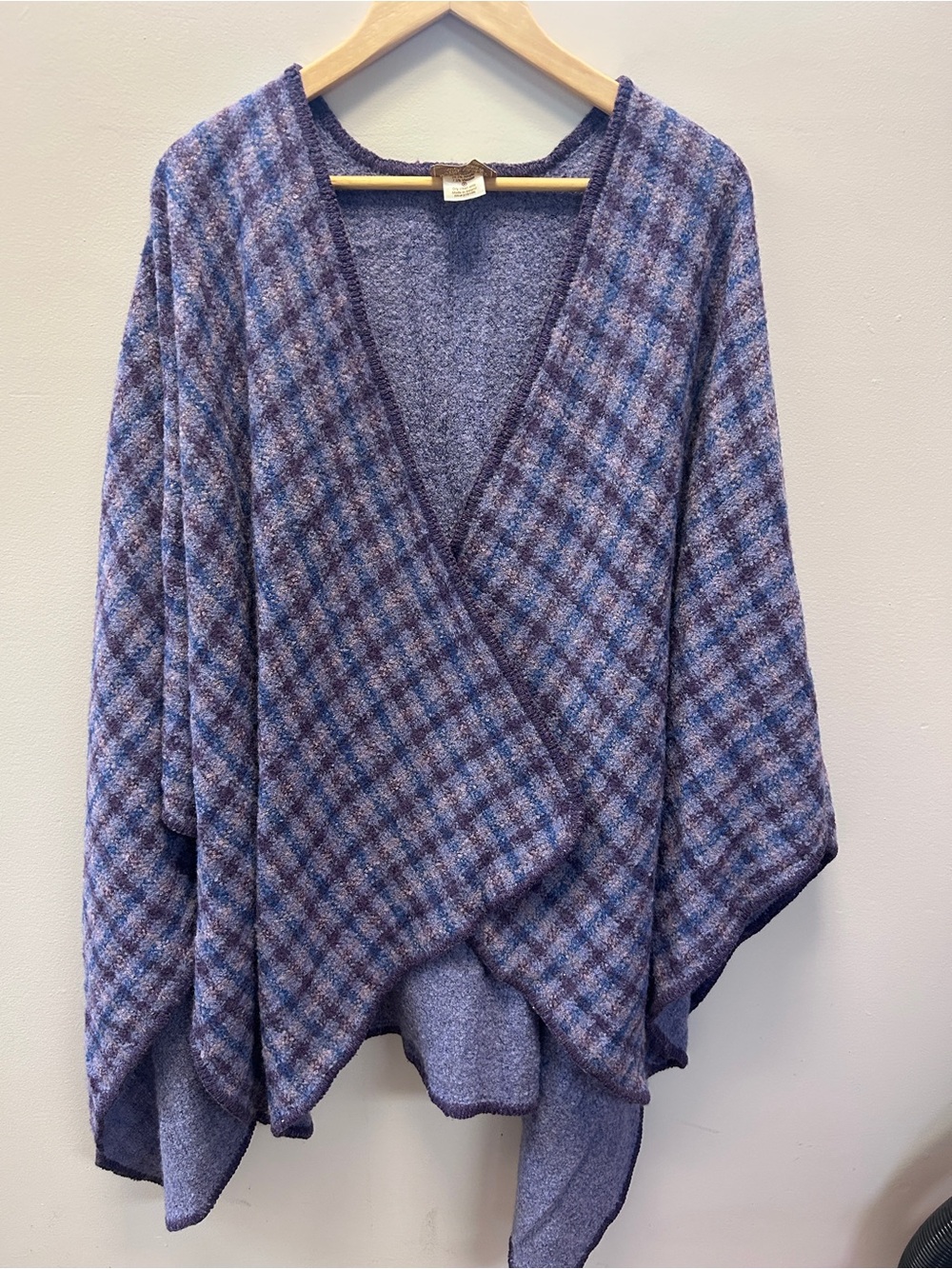 Made in Ireland Soft Knit Purple Plaid Wool Blend Sweater Wrap
